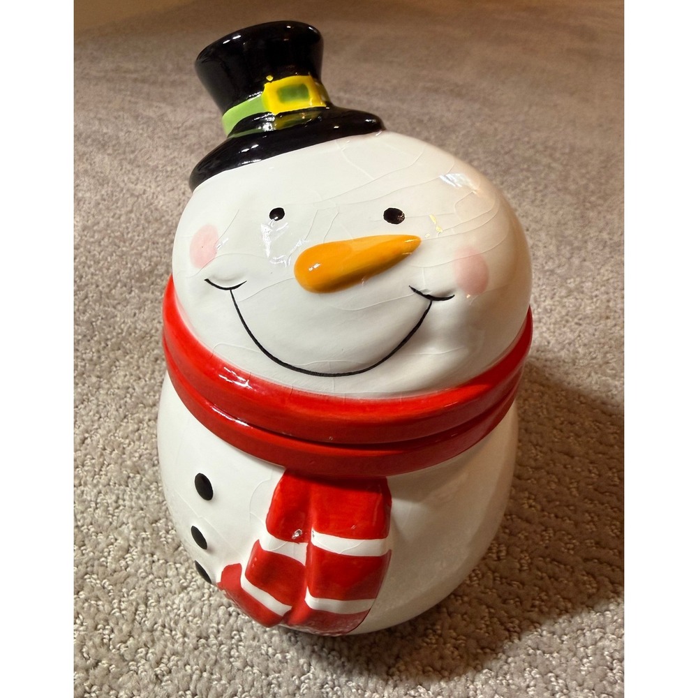 Snowman‎ Ceramic Cookie Jar Red Scarf Black Hat